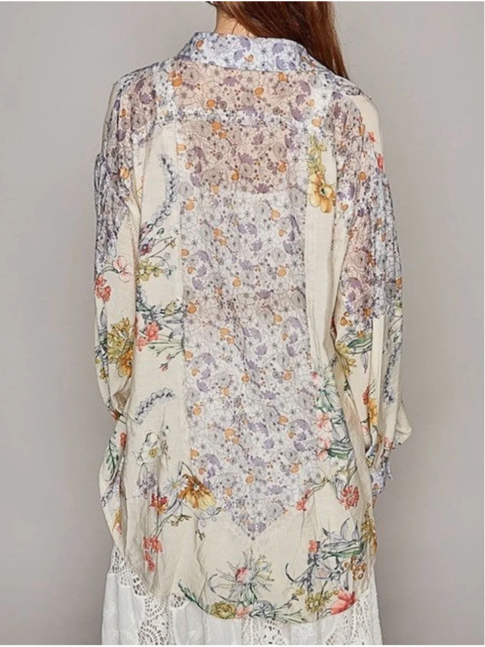 POL Floral Button Down Blouse M/L Boho Patchwork Shirt Lightweight Sheer Hi-Low - Picture 4 of 8